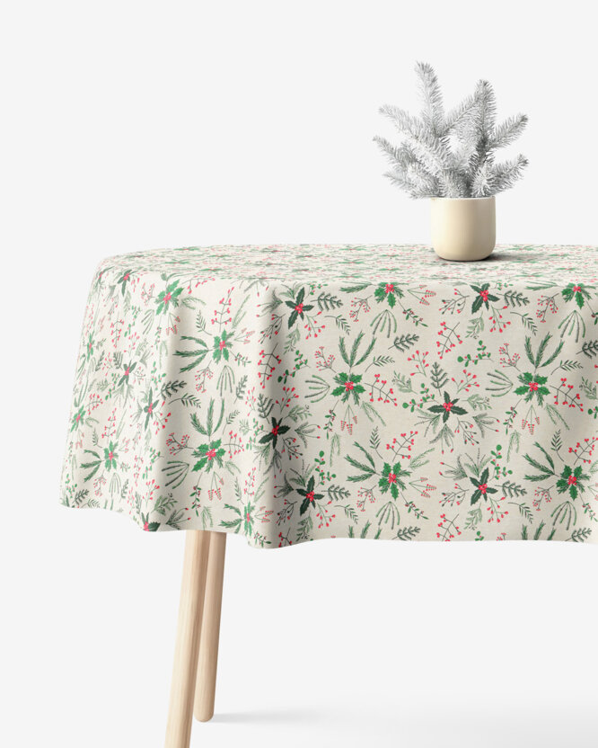 Ovale Weihnachts-Tischdecke Valencia – Zweige auf Naturfarbe