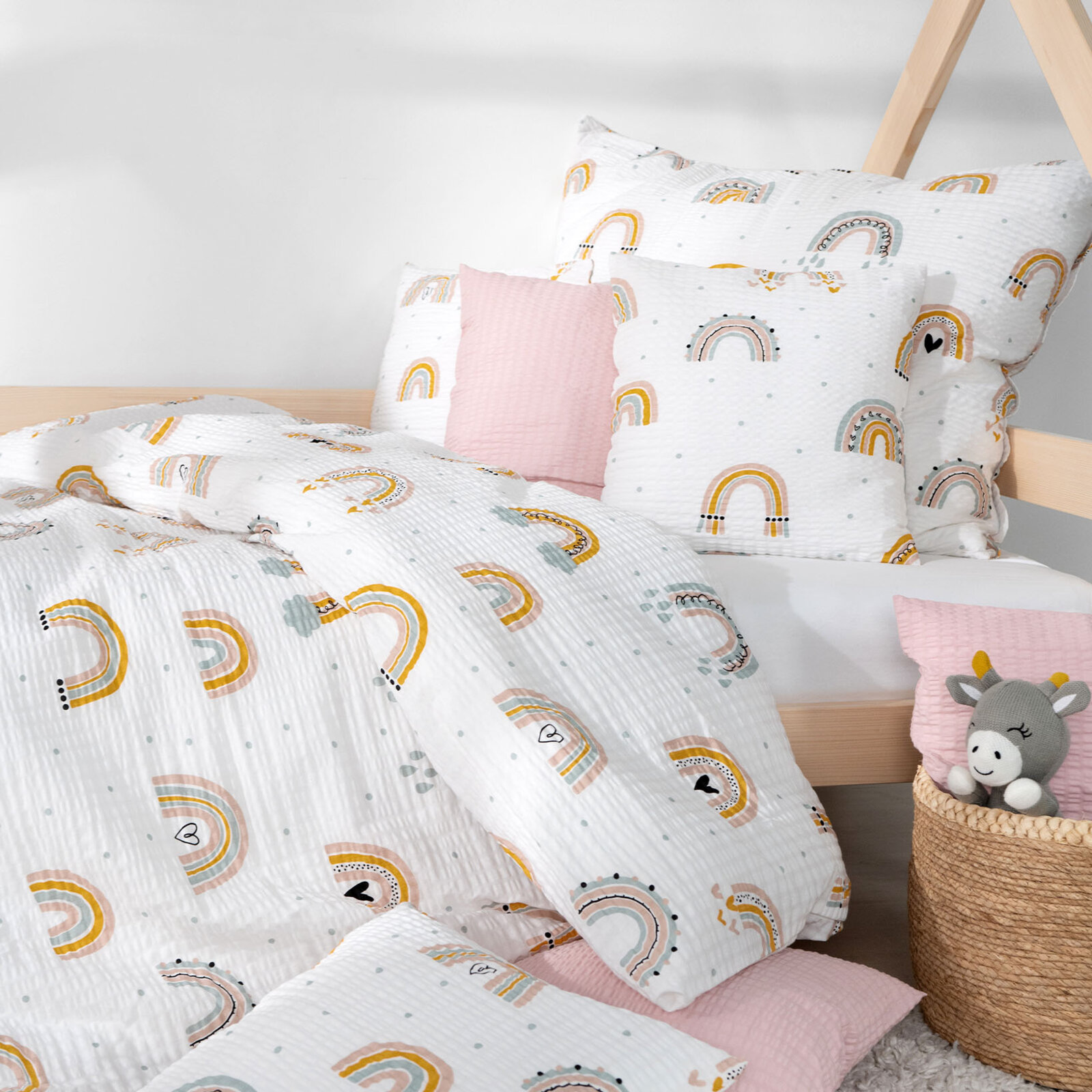 Kinder - Seersucker Bettwäsche - gemalte Regenbögen