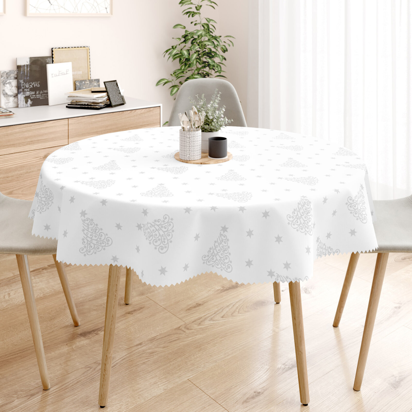 Runde Weihnachts Teflon-Tischdecke - Silberne Tannenbäume und Sterne