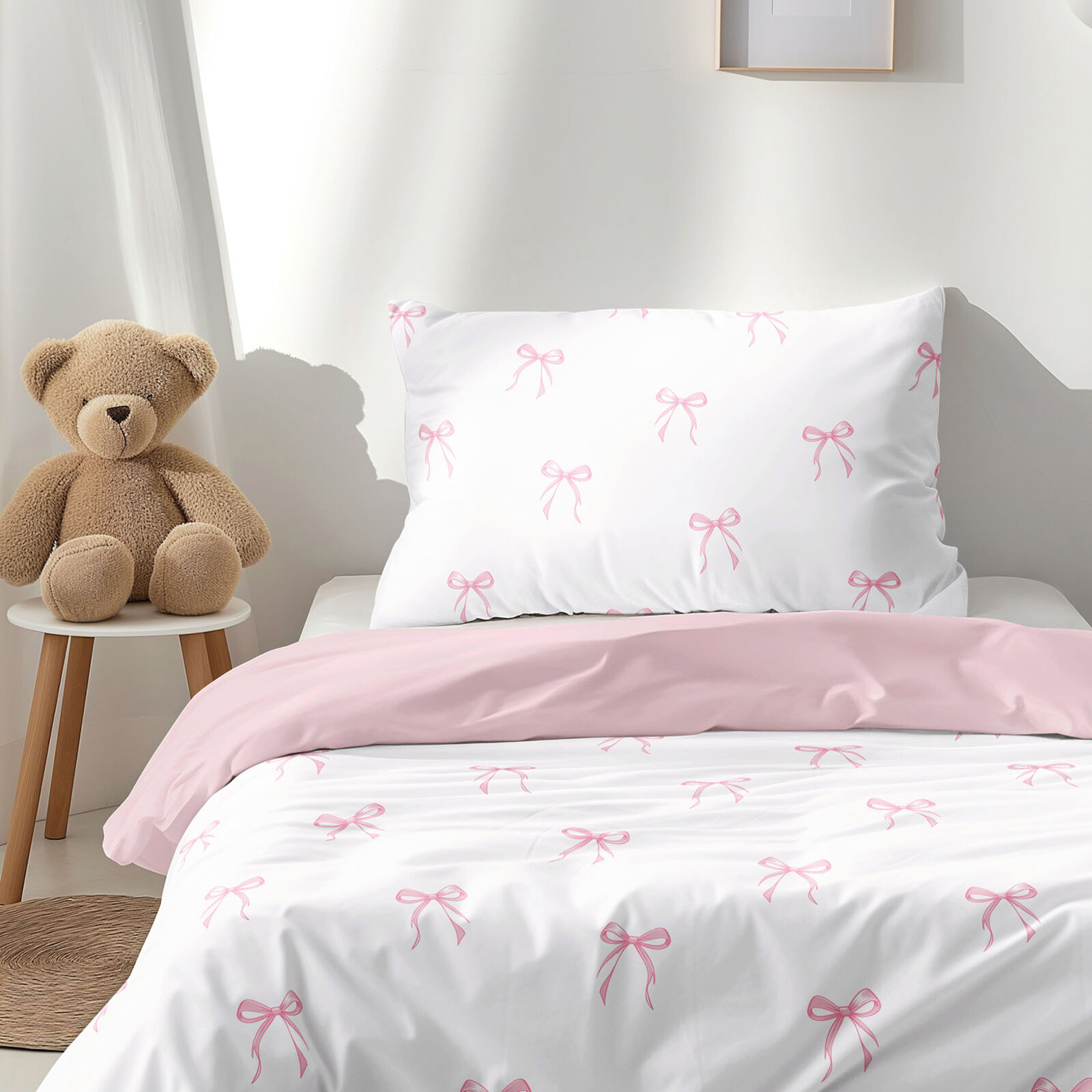 Kinder-Bettwäsche aus Baumwolle Duo - rosa Schleifen mit Puderrosa