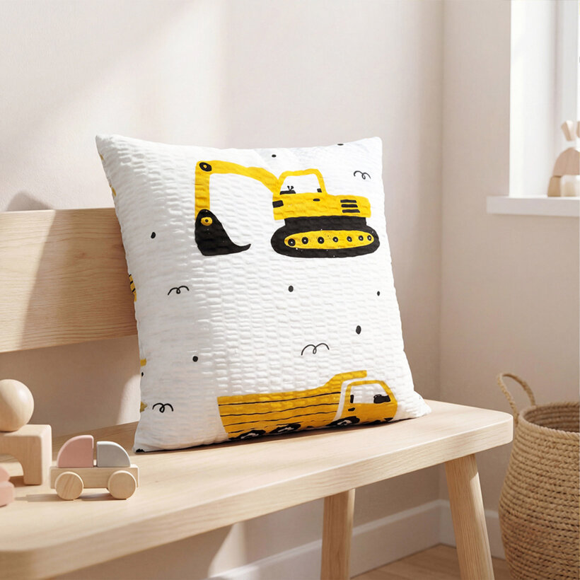 Kinder-Seersucker-Kissenbezug - Bagger und Baufahrzeuge