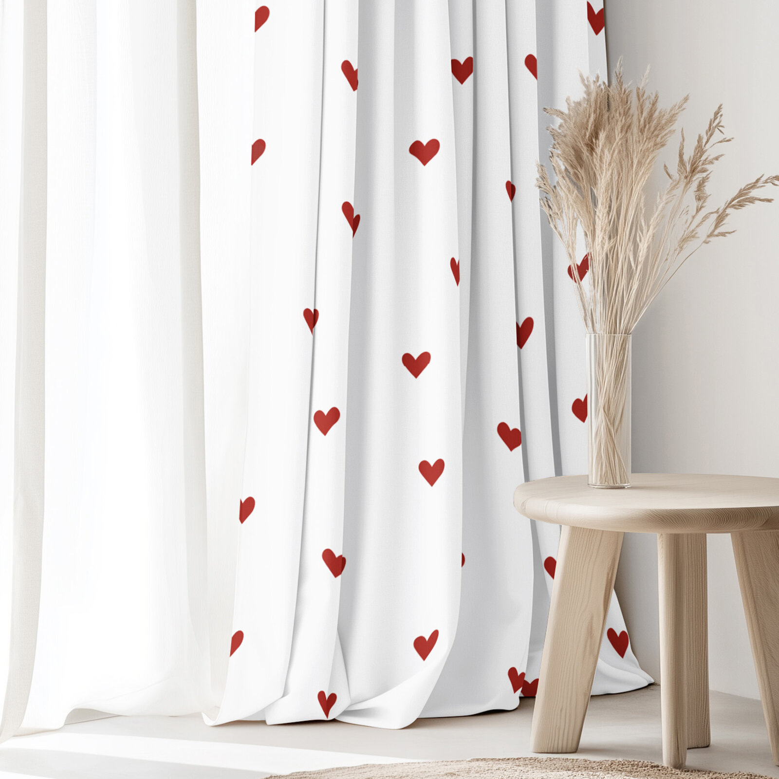 Vorhang aus Baumwolle - Rote Herzchen auf Weiß