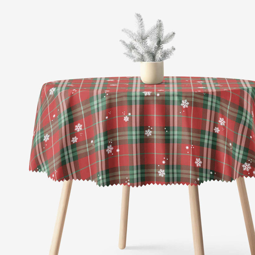 Runde Weihnachts-Tischdecke Teflon - Rotkariert mit Schneeflocken