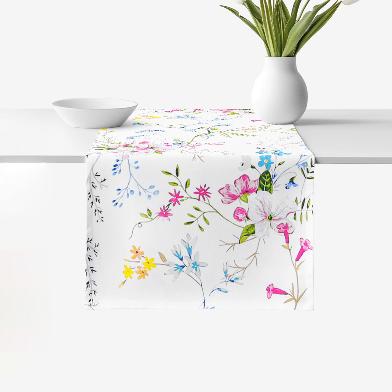 Tischläufer aus 100% Baumwolle - Gemalte Wiesenblumen