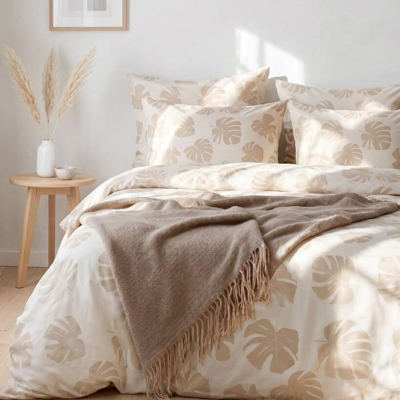 Bettwäsche aus Baumwolle - Tropische Blätter auf Beige