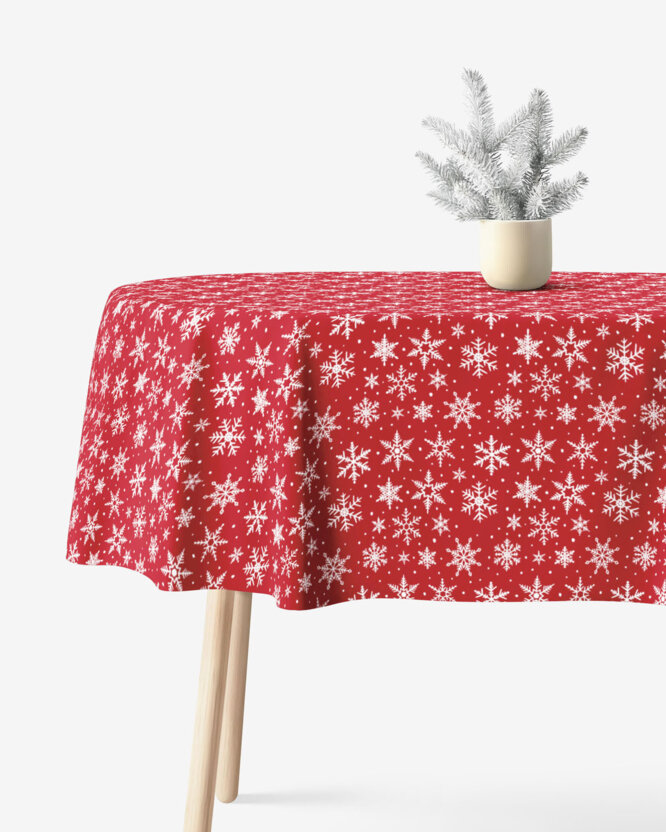 Ovale Weihnachts-Tischdecke Valencia – Weiße Flocken auf Rot