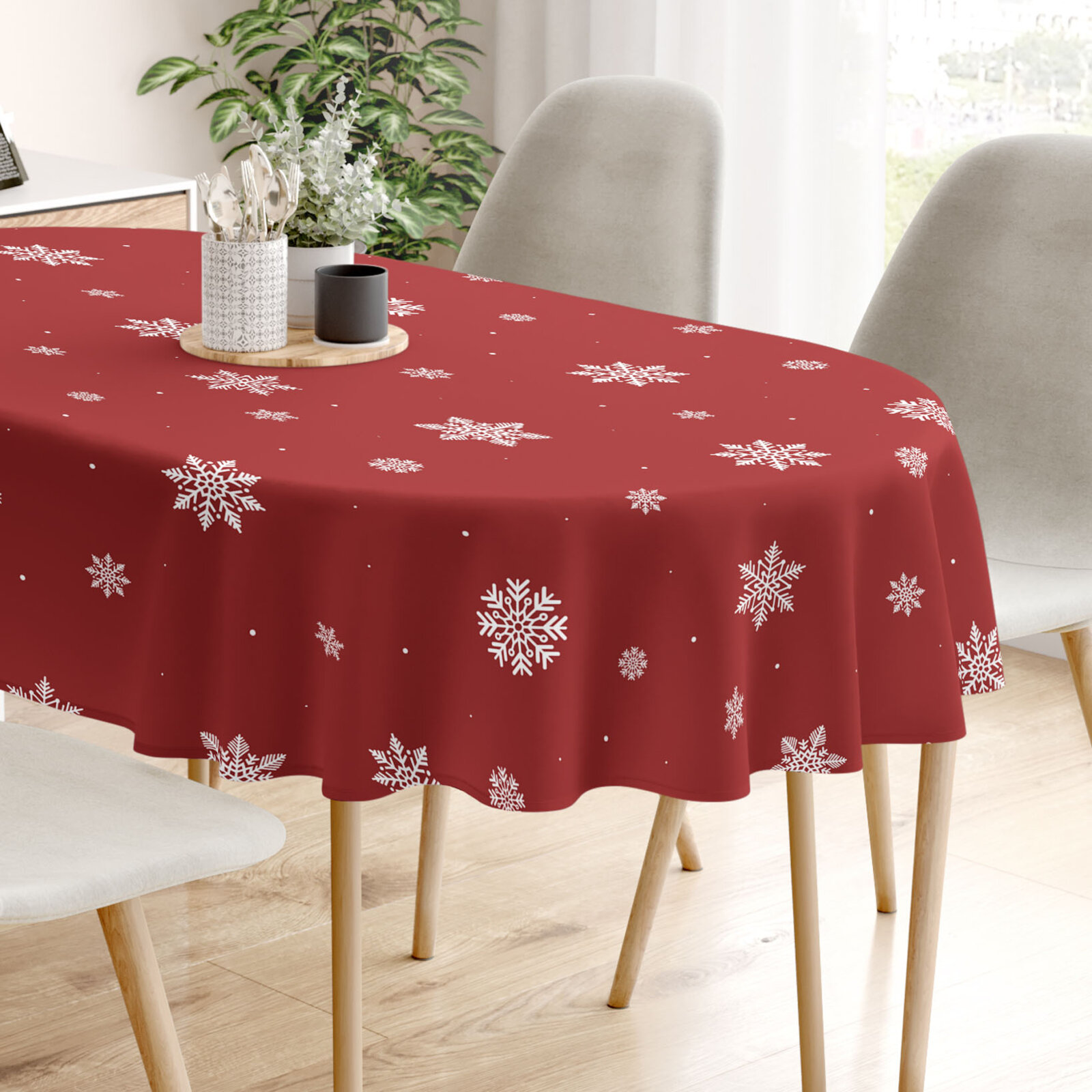 Ovale Weihnachts-Tischdecke aus 100% Baumwolle - Schneeflocken auf Rot