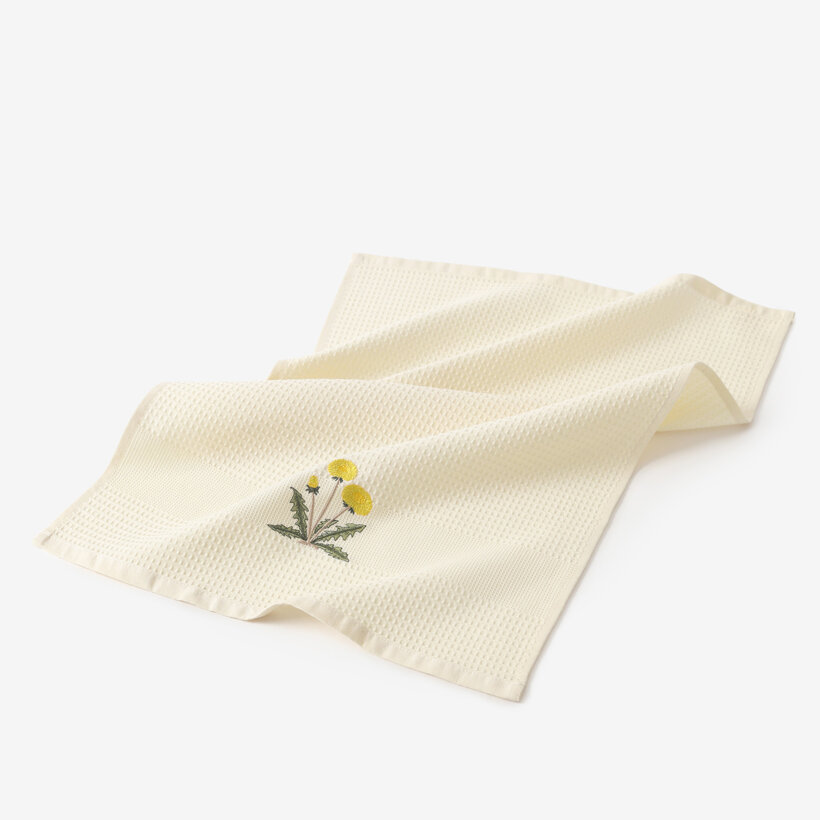 Waffel-Geschirrtuch mit Stickerei - Löwenzahn auf Creme