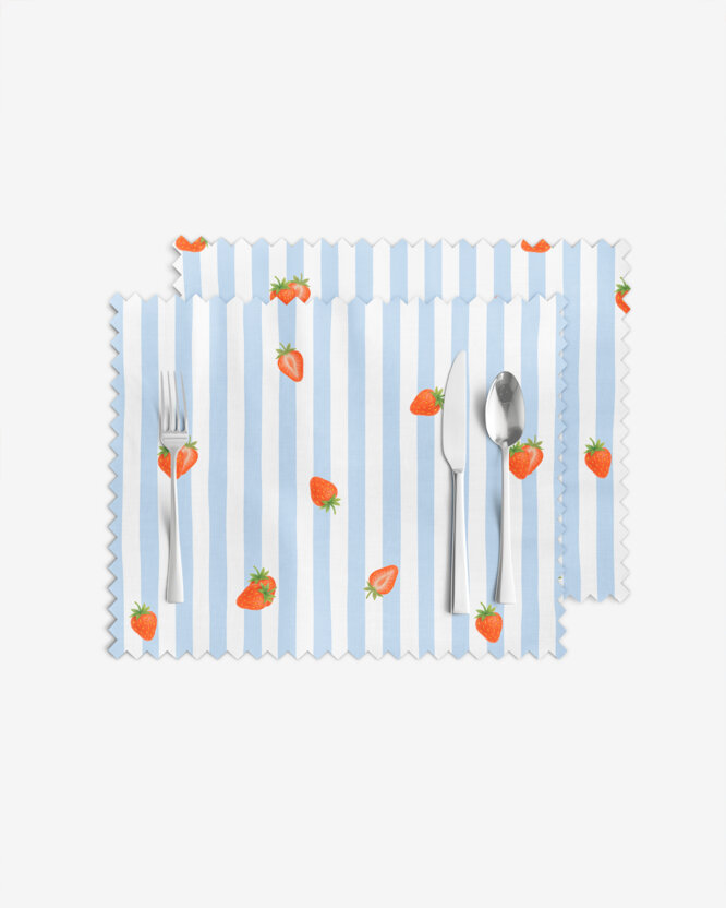 Tischset Teflon - blaue Streifen mit Erdbeeren - 2 Stück