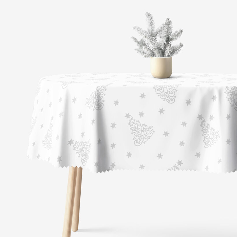 Ovale Weihnachts Teflon-Tischdecke - Silberne Tannenbäume und Sterne