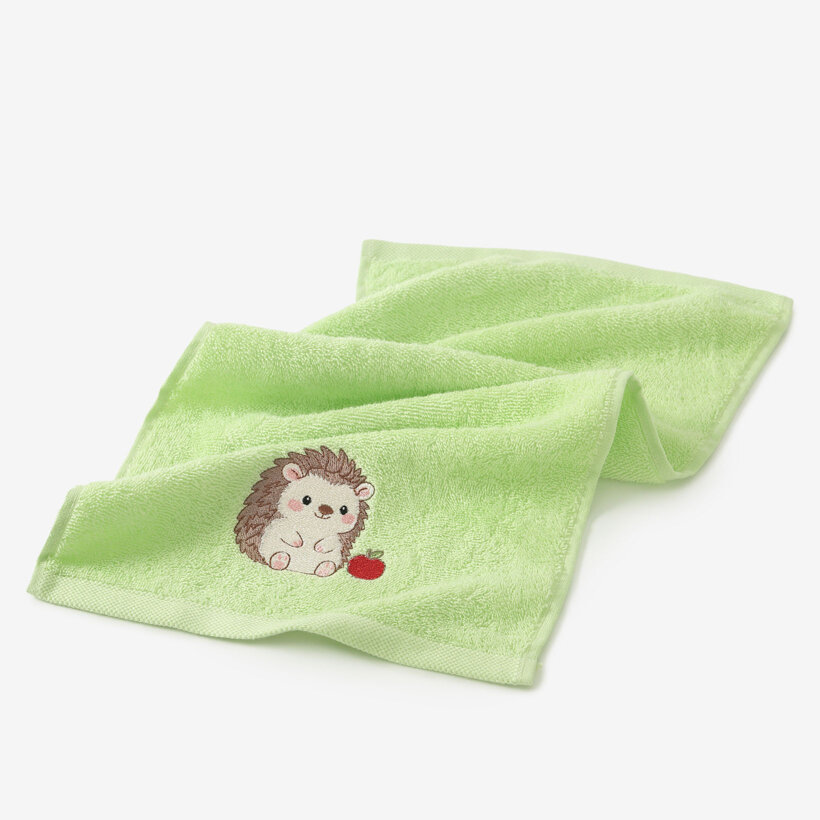 Kinder-Frottierhandtuch - Igel mit Apfel auf Grün