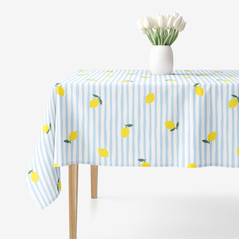 Eckige Tischdecke 100% Baumwolle - Frische Zitronen mit Streifen