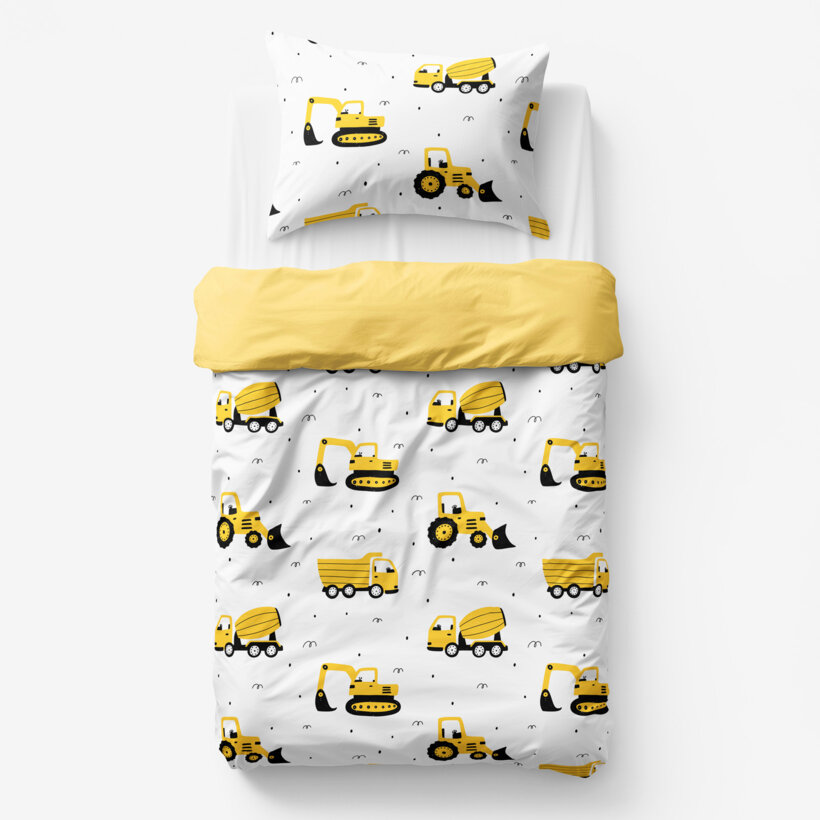Kinder-Bettwäsche aus Baumwolle Duo - Bagger und Baufahrzeuge mit gelb