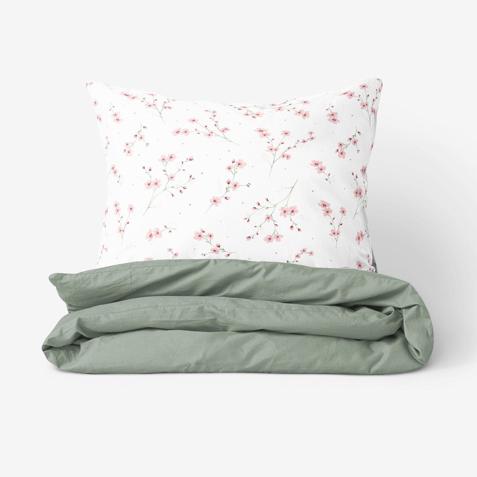 Bettwäsche aus Baumwolle Duo - Blühende Sakura-Kirschbäume mit Salbeigrün