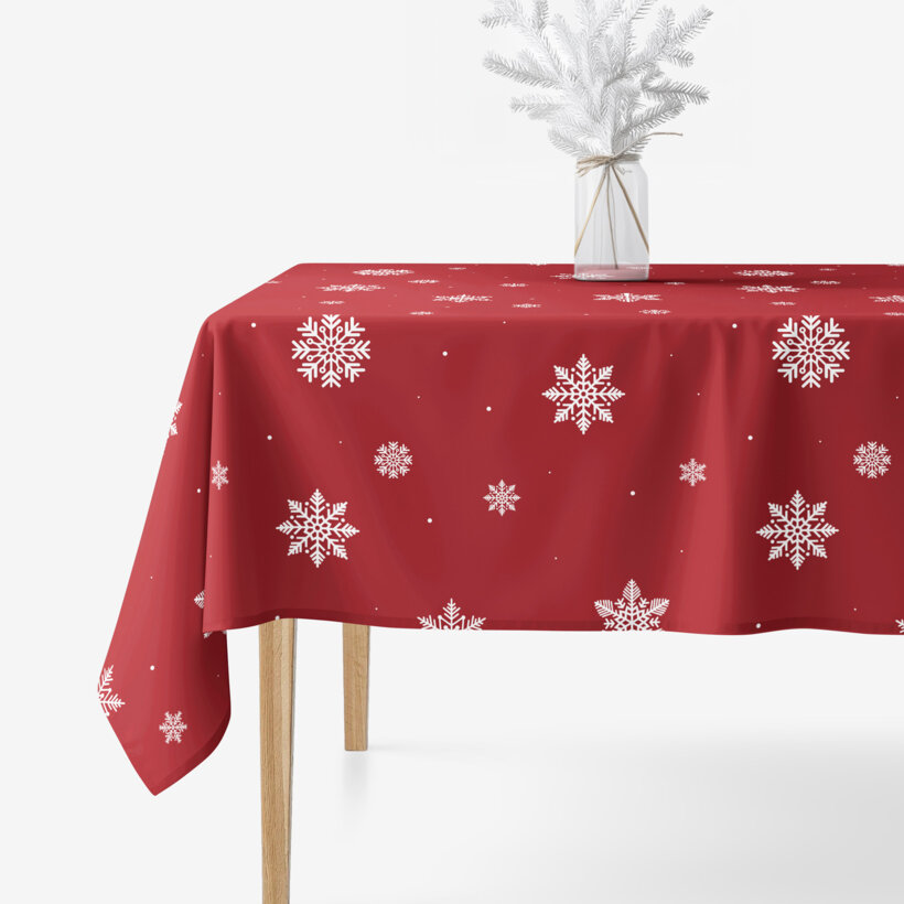 Eckige weihnachtliche Tischdecke 100% Baumwolle - Schneeflocken auf Rot