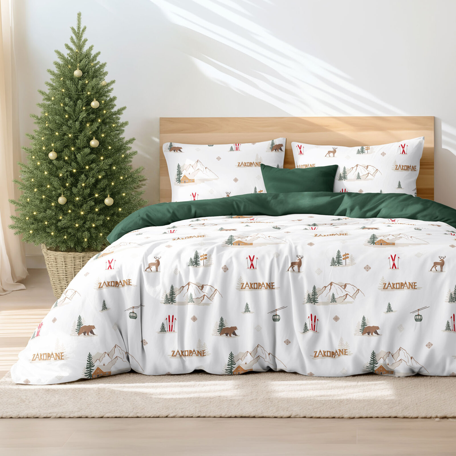 Weihnachts-Bettwäsche aus Baumwolle Duo - Zakopane mit Dunkelgrün