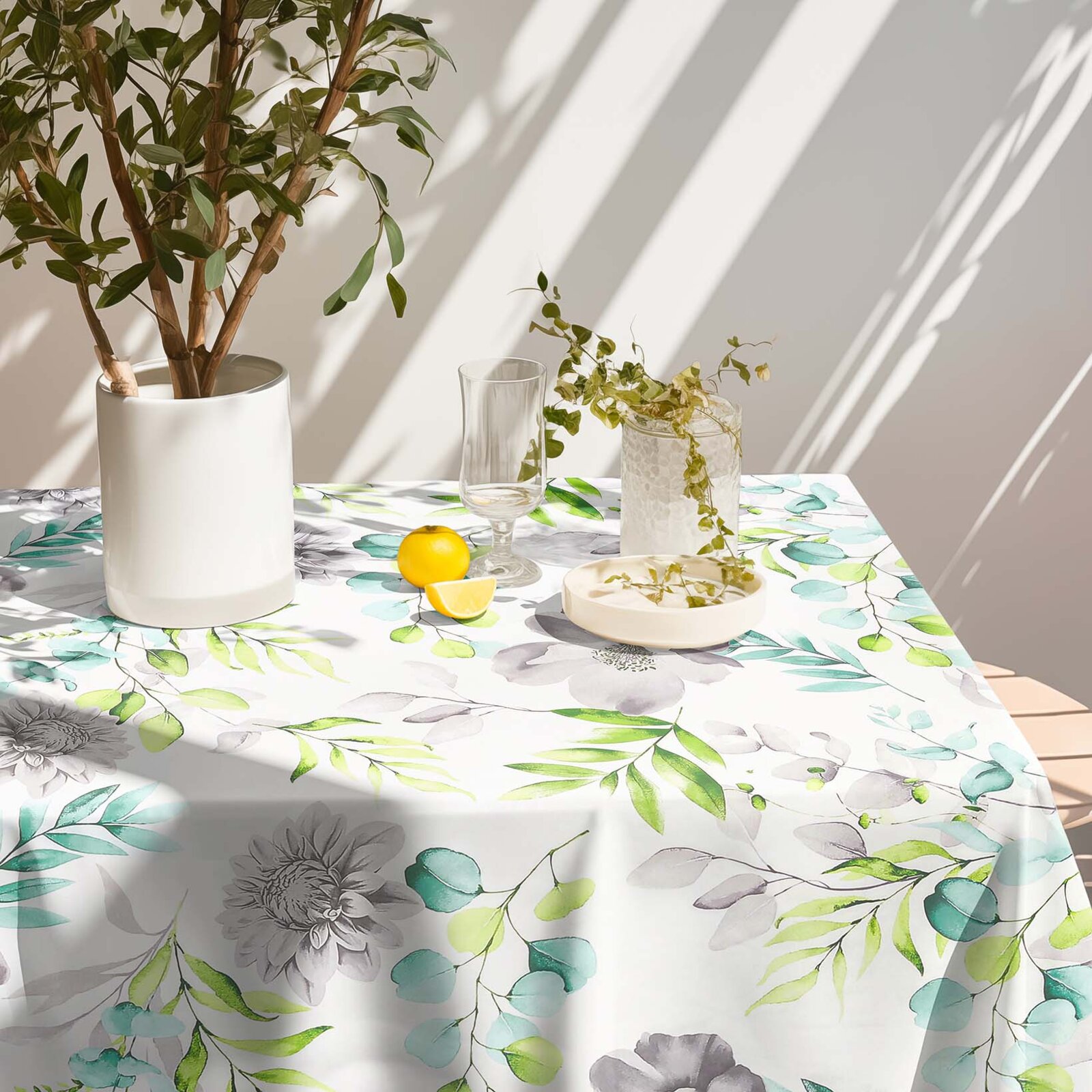 Eckige Tischdecke 100% Baumwolle Deluxe - Eukalyptus mit Blumen