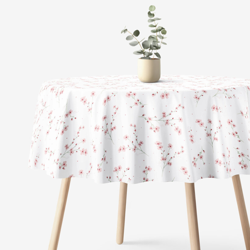 Runde Tischdecke 100% Baumwolle - Blühende Sakura-Kirschbäume