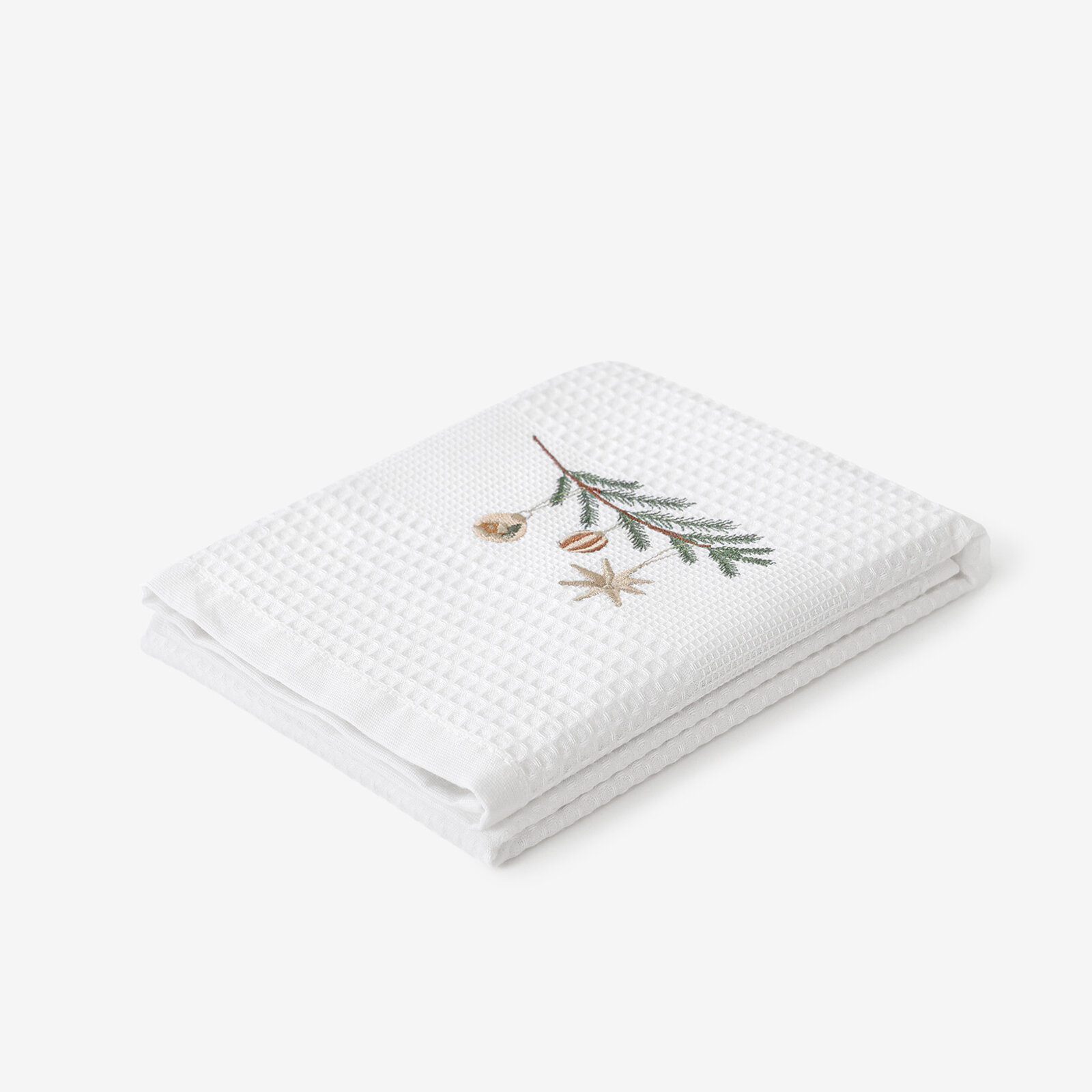 Waffel-Geschirrtuch mit Weihnachtsstickerei - Kugeln am Zweig auf Weiß