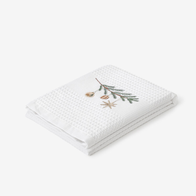 Waffel-Geschirrtuch mit Weihnachtsstickerei - Kugeln am Zweig auf Weiß