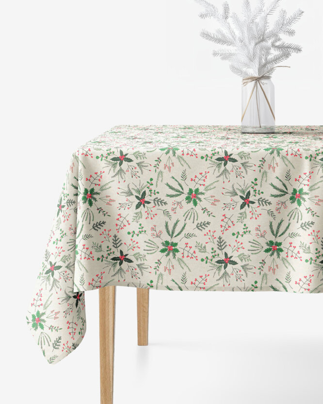 Weihnachtliche eckige Tischdecke Valencia - Zweige auf Naturfarbe