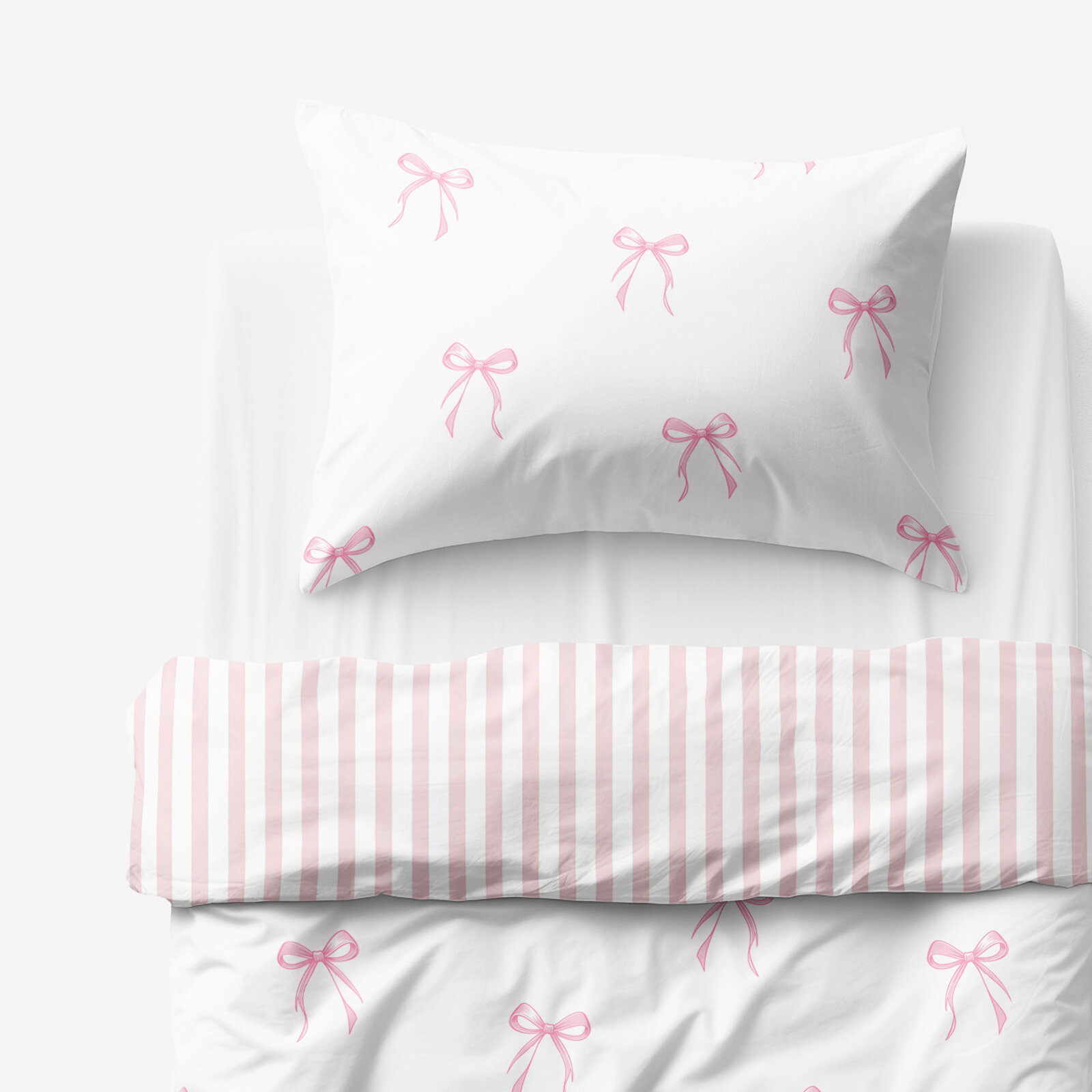 Kinder-Bettwäsche aus Baumwolle - rosa Schleifen mit Streifen