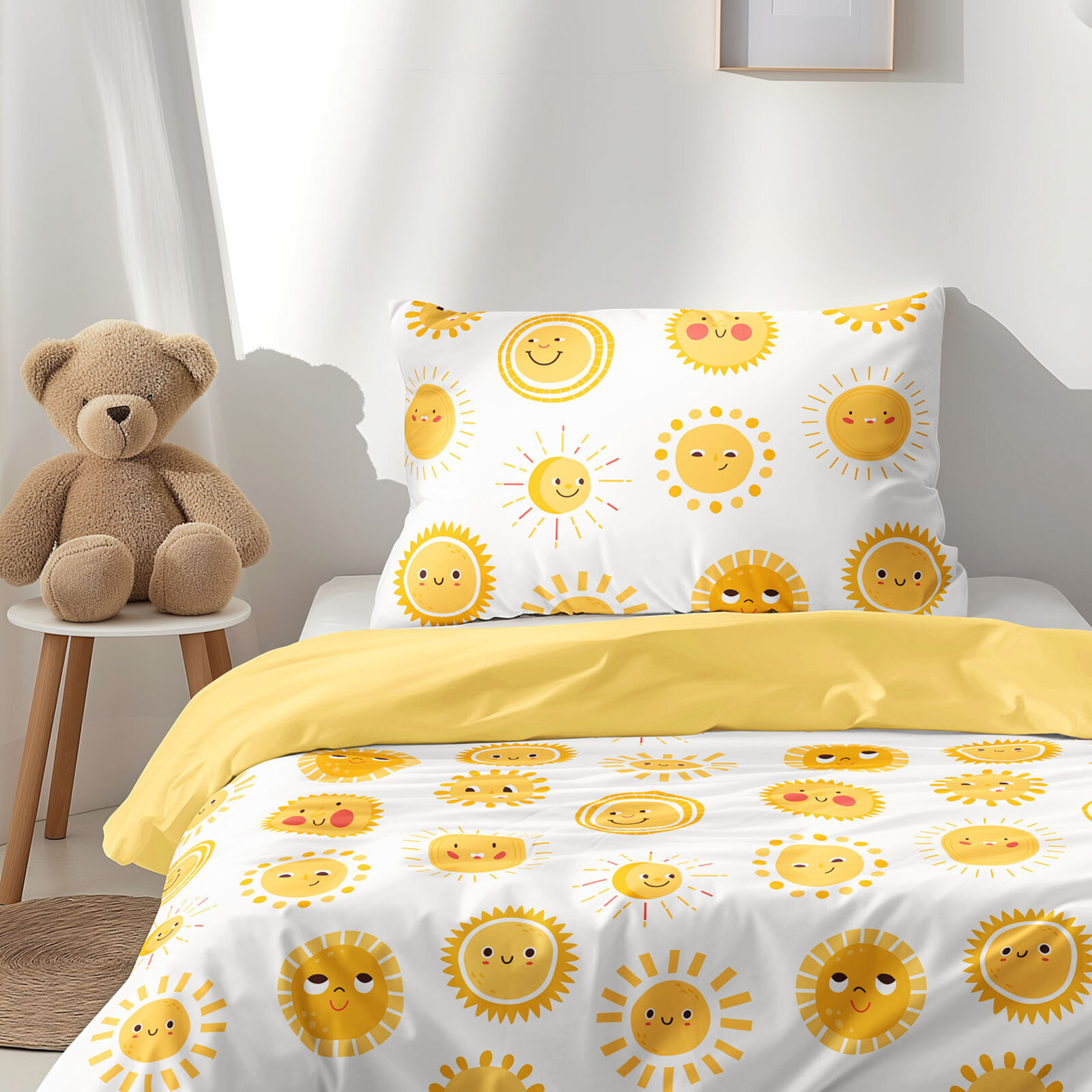 Kinder-Bettwäsche aus Baumwolle Duo - lachende Sonnen mit gelb