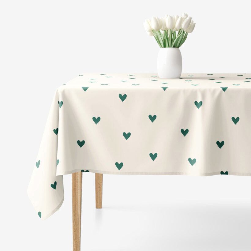Eckige Tischdecke 100% Baumwolle - Herzchen auf Elfenbein