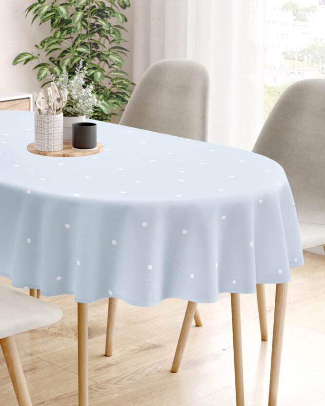 Ovale Tischdecke aus 100% Baumwolle - Pünktchen auf Himmelblau