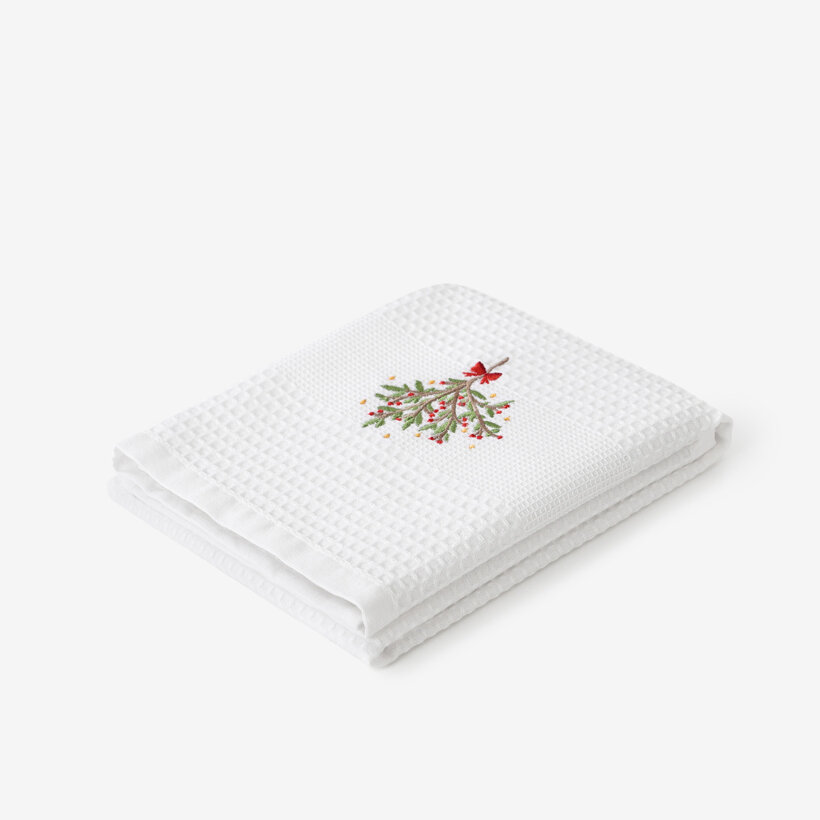 Waffel-Geschirrtuch mit Weihnachtsstickerei - Mistel auf weißem Grund