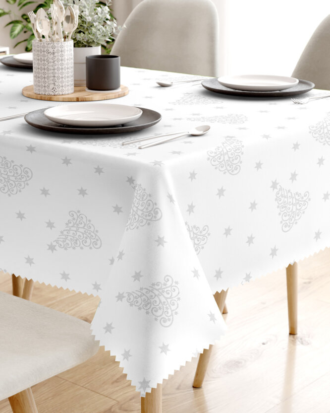 Weihnachtliche eckige Teflon-Tischdecke - Silberne Tannenbäume und Sterne