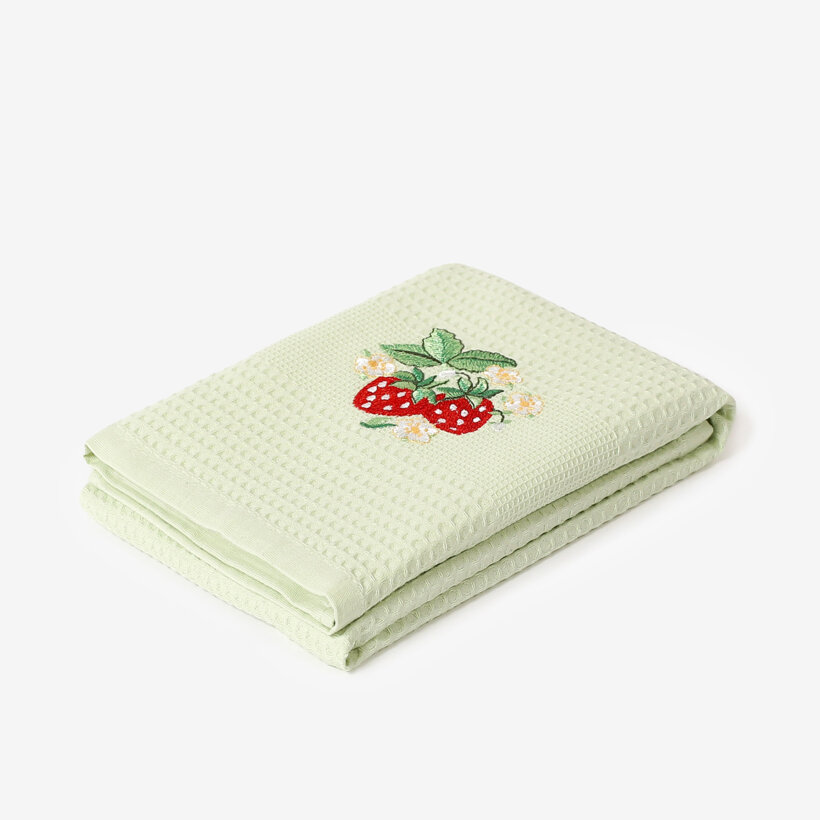 Waffel-Geschirrtuch mit Stickerei - Erdbeeren auf Grün