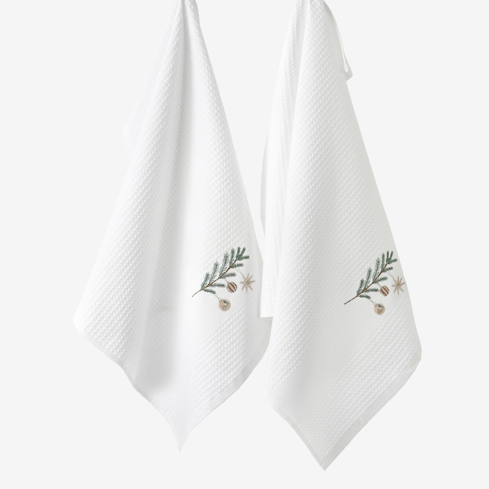 Waffel-Geschirrtuch mit Weihnachtsstickerei - Kugeln am Zweig auf Weiß