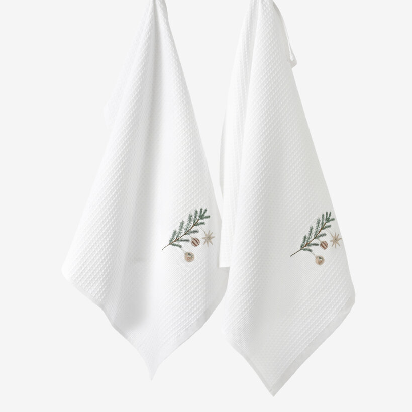 Waffel-Geschirrtuch mit Weihnachtsstickerei - Kugeln am Zweig auf Weiß
