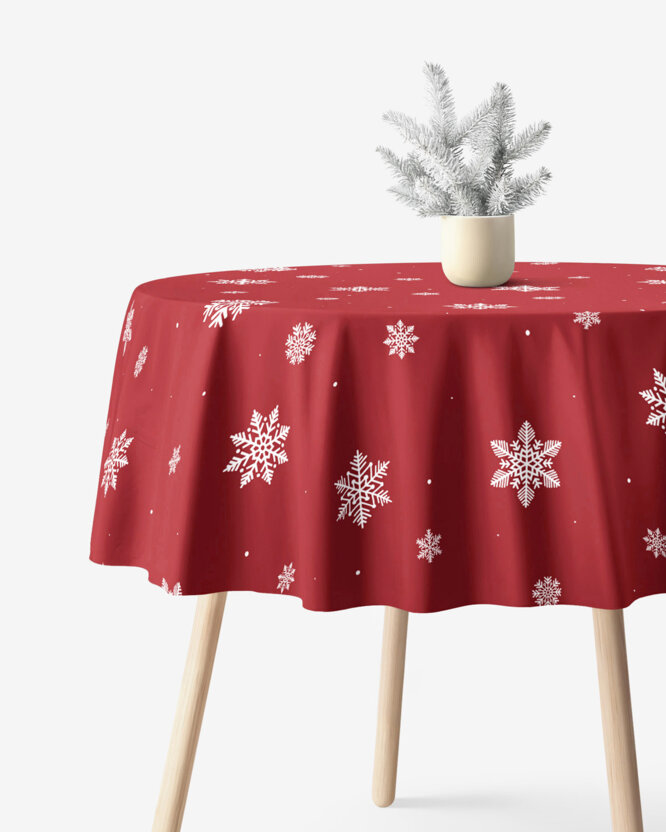 Runde Weihnachts-Tischdecke 100% Baumwolle - Schneeflocken auf Rot