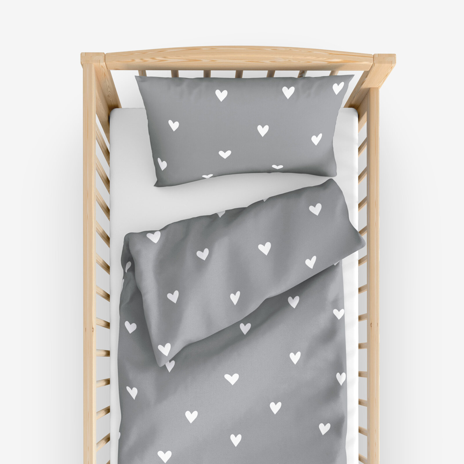 Bettwäsche für Babybetten aus Baumwolle - Herzchen auf Grau