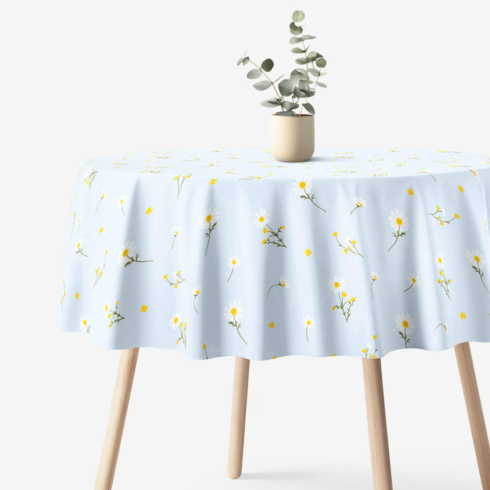 Runde Tischdecke 100% Baumwolle - Kamille auf Hellblau