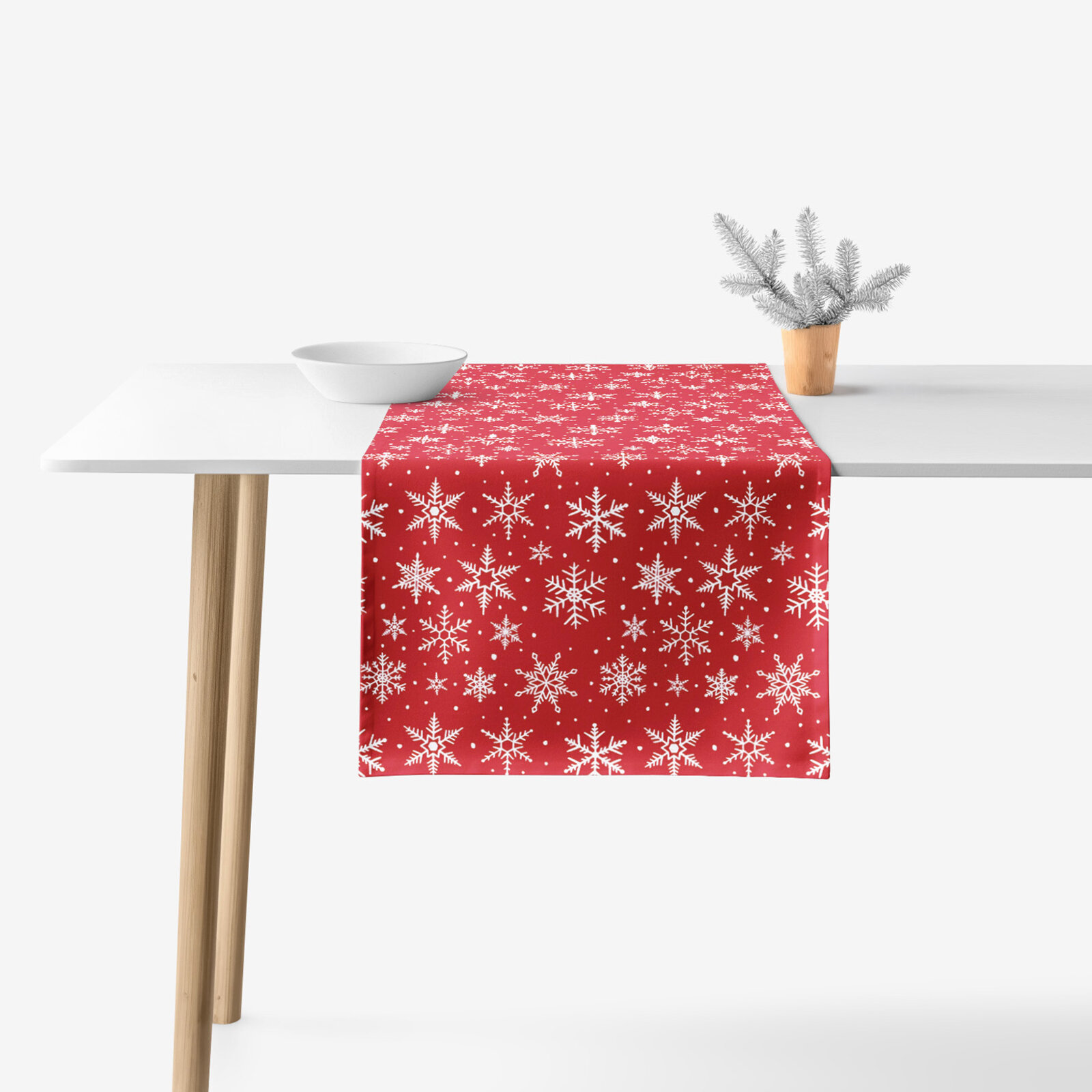 Weihnachtlicher Tischläufer Valencia - Weiße Flocken auf Rot