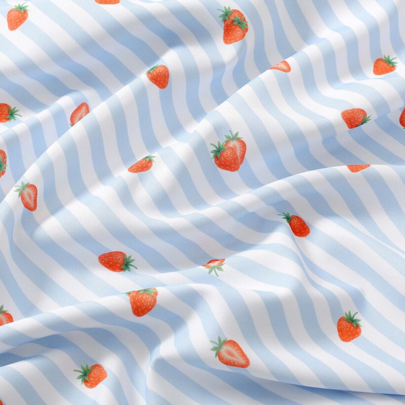Teflonstoff für Tischdecken - blaue Streifen mit Erdbeeren