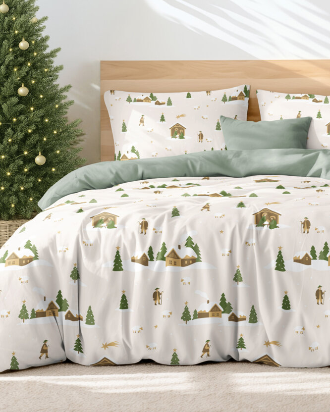 Weihnachts-Bettwäsche aus Baumwolle Duo - Weihnachtslieder mit Salbeigrün