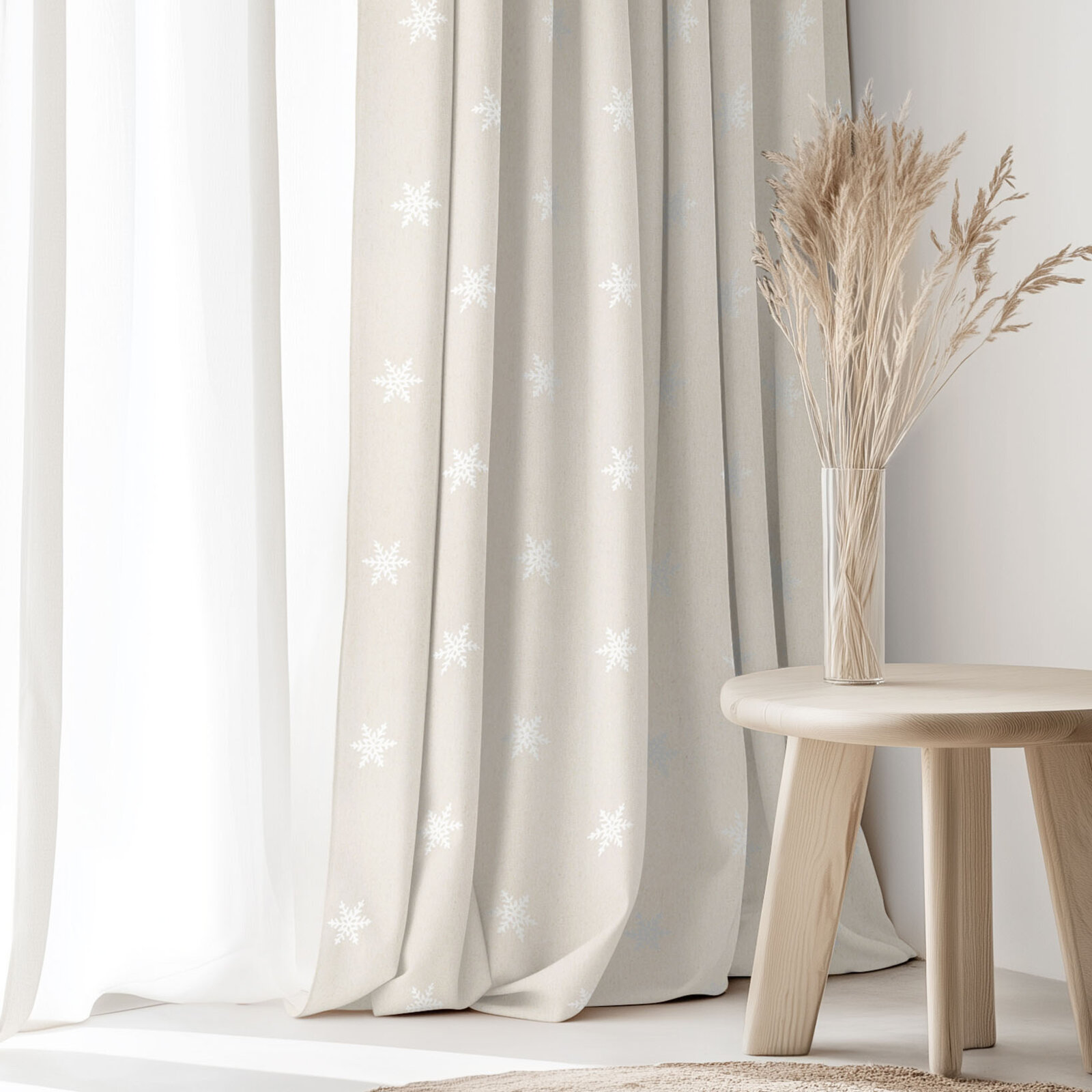 Weihnachtsvorhang Natura - Schneeflocken auf natürlichem