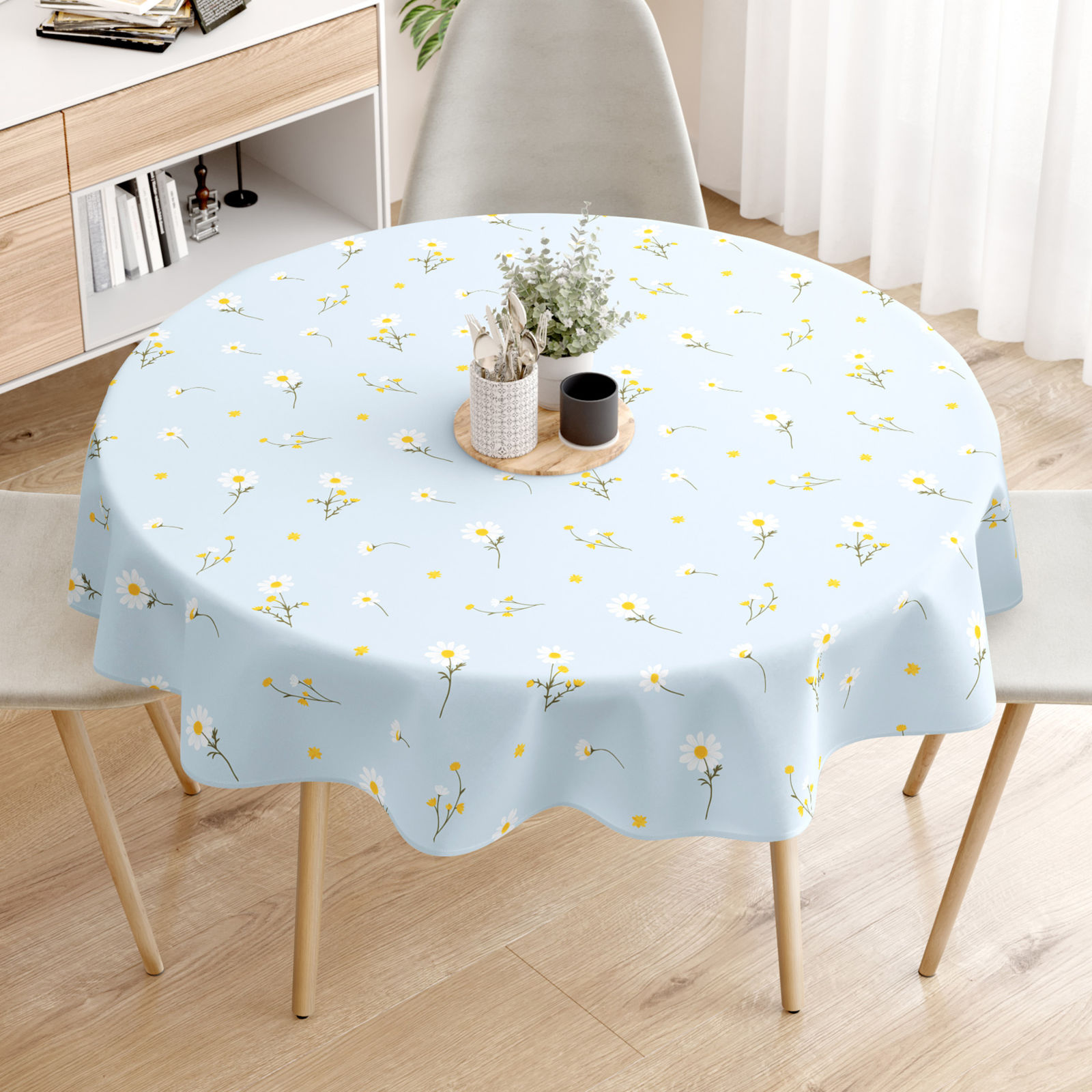 Runde Tischdecke 100% Baumwolle - Kamille auf Hellblau