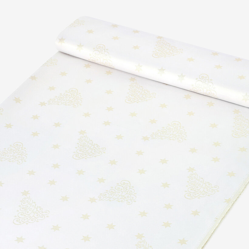 Weihnachtlicher Teflonstoff für Tischdecken – Goldene Tannenbäume und Sterne