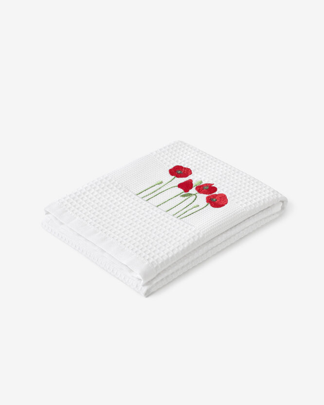 Waffel-Geschirrtuch mit Stickerei - Mohnblumen auf Weiß