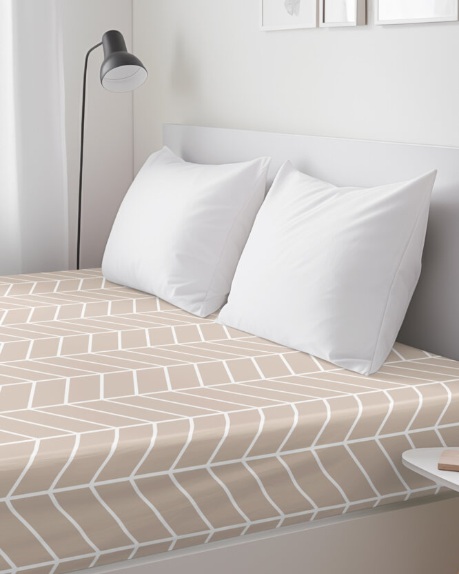 Spannbettlaken aus Baumwolle - Weißer Zickzack auf Beige