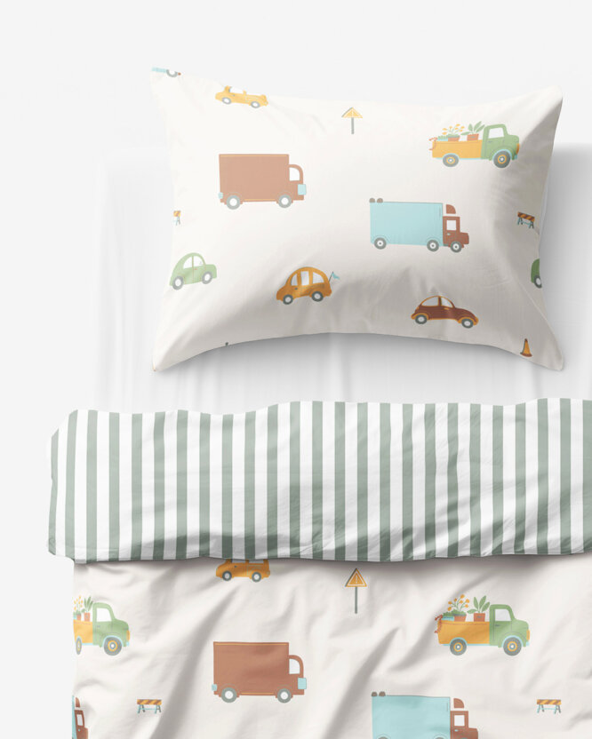 Kinder-Bettwäsche aus Baumwolle - Welt der Autos mit salbeigrüne Streifen