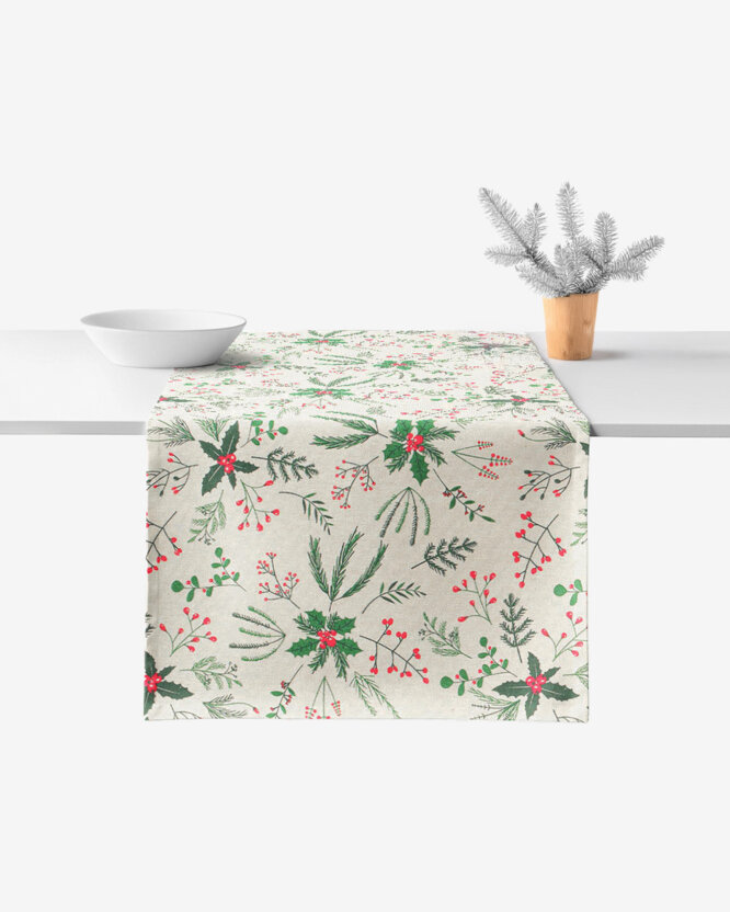 Weihnachtlicher Tischläufer Valencia - Zweige auf Naturfarbe