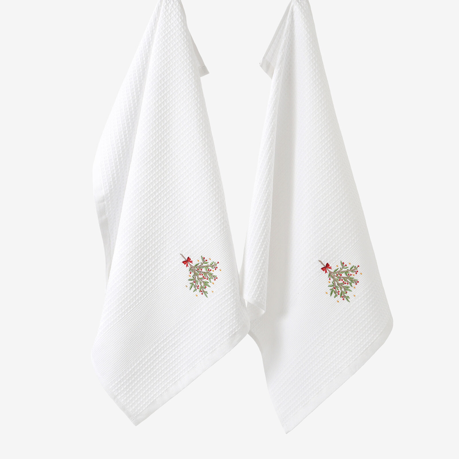 Waffel-Geschirrtuch mit Weihnachtsstickerei - Mistel auf weißem Grund