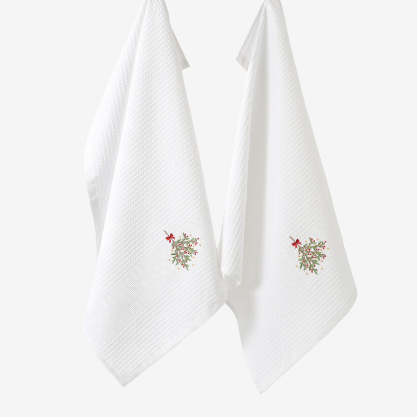 Waffel-Geschirrtuch mit Weihnachtsstickerei - Mistel auf weißem Grund