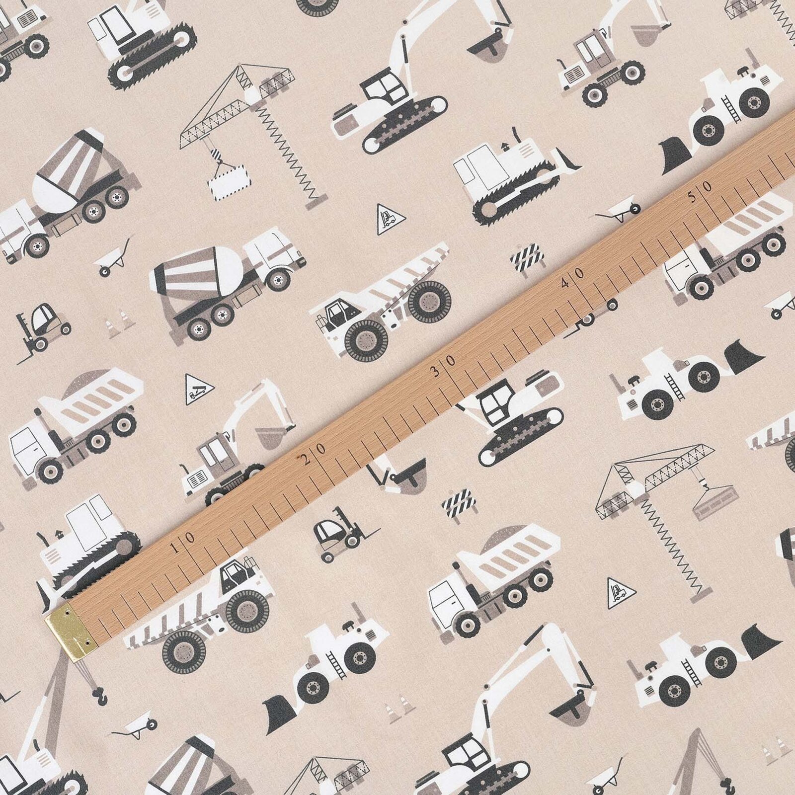 Baumwollstoff - Lastwagen und Bagger auf Beige